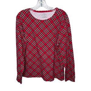 Talbots XL Red Plaid Long Sleeve Stretch Tee Cotton Blend Holiday Top
